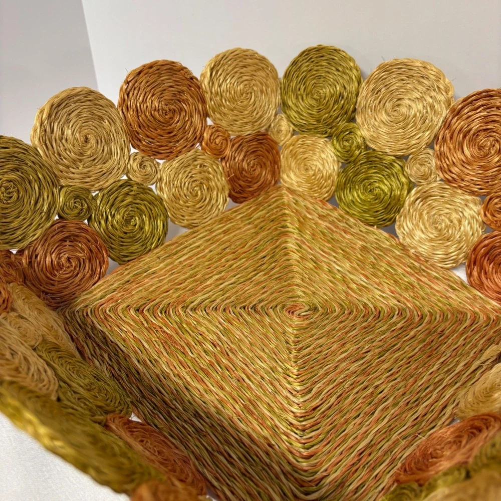 Vintage‎ Raffia Square Tri-Color Storage Basket Woven Orange Green Brown